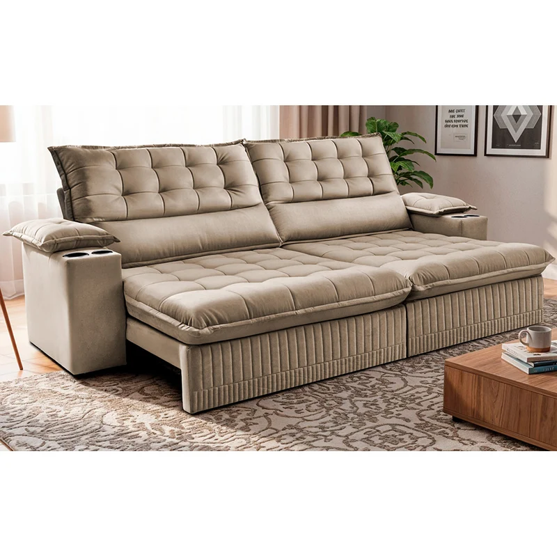 Sofá Retrátil e Reclinável com Porta Copos Molas Ensacadas Dream Cama inBox Bege / 2,60m