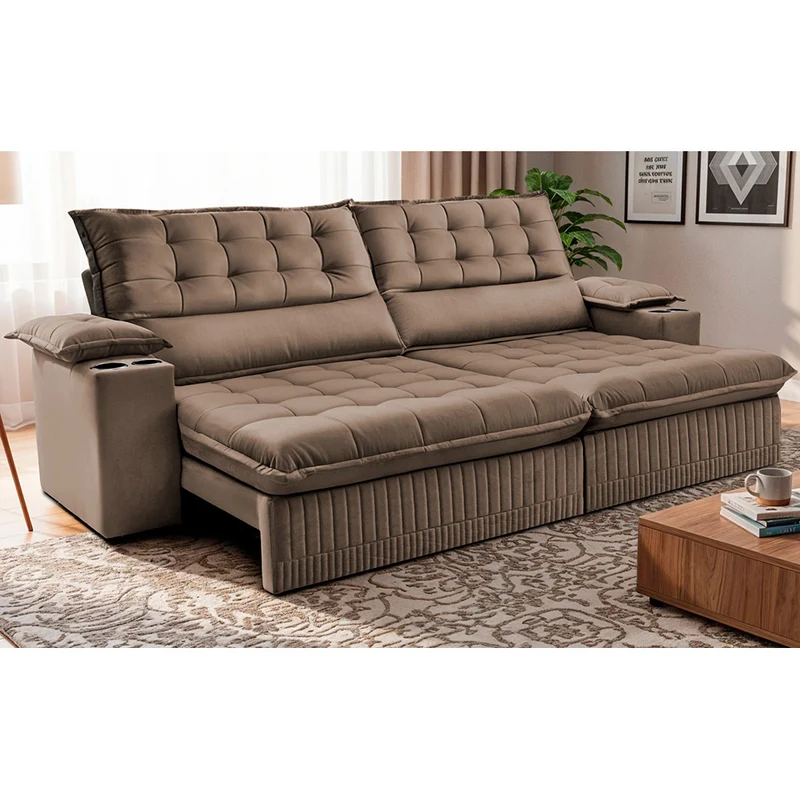 Sofá Retrátil e Reclinável com Porta Copos Molas Ensacadas Dream Cama inBox Castor / 2,60m