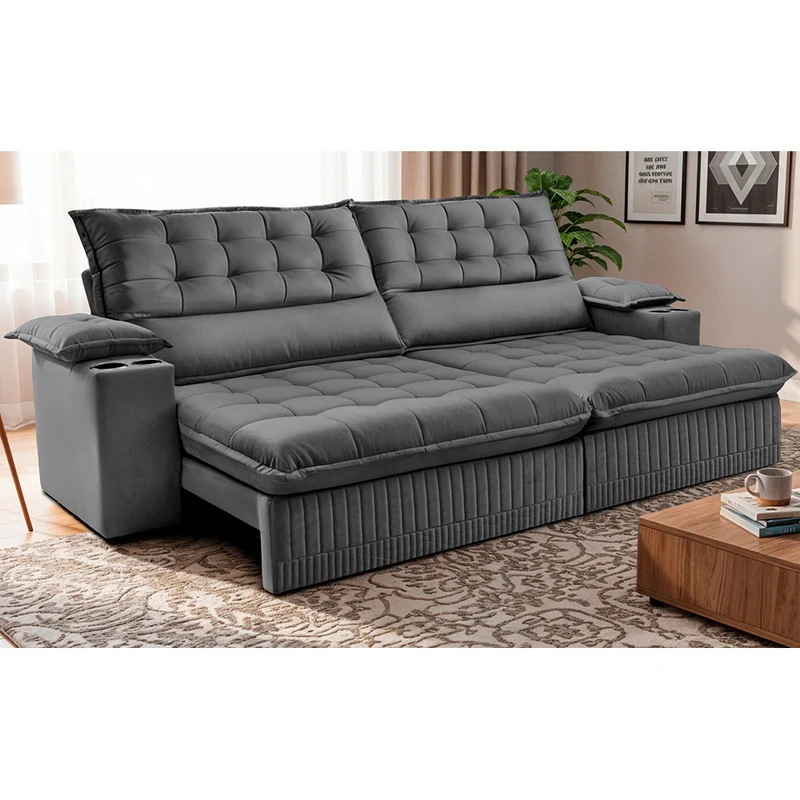 Sofá Retrátil e Reclinável com Porta Copos Molas Ensacadas Dream Cama inBox Cinza / 2,60m