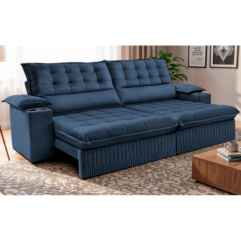 Sofá Retrátil e Reclinável com Porta Copos Molas Ensacadas Dream Cama inBox Azul / 2,80m