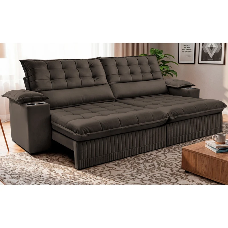 Sofá Retrátil e Reclinável com Porta Copos Molas Ensacadas Dream Cama inBox Café / 3,10m