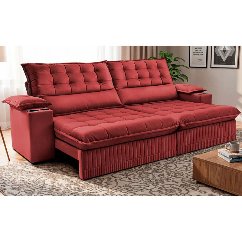 Sofá Retrátil e Reclinável com Porta Copos Molas Ensacadas Dream Cama inBox Vermelho / 3,10m