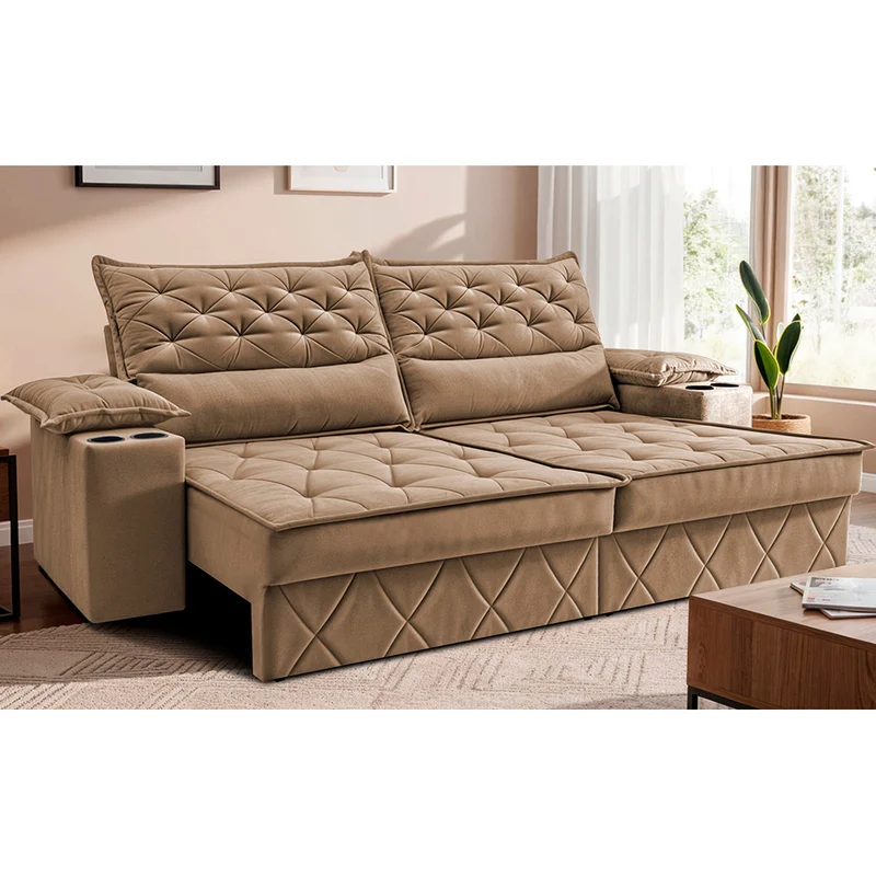 Sofá Retrátil e Reclinável com Porta Copos e Molas Cosmos Velusoft Cama inBox Bege / 2,10m