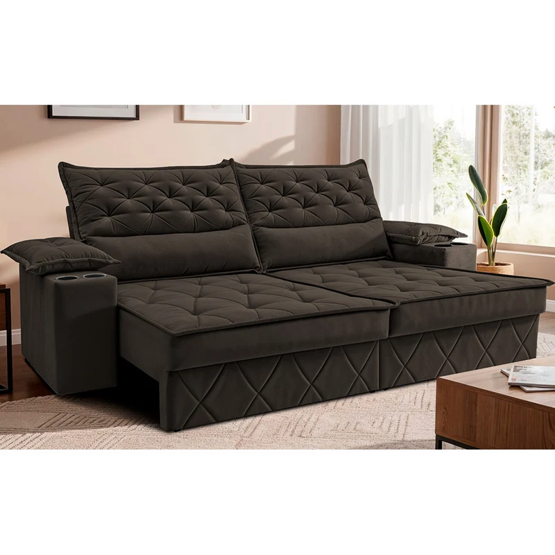 Sofá Retrátil e Reclinável com Porta Copos e Molas Cosmos Velusoft Cama inBox Café / 2,10m