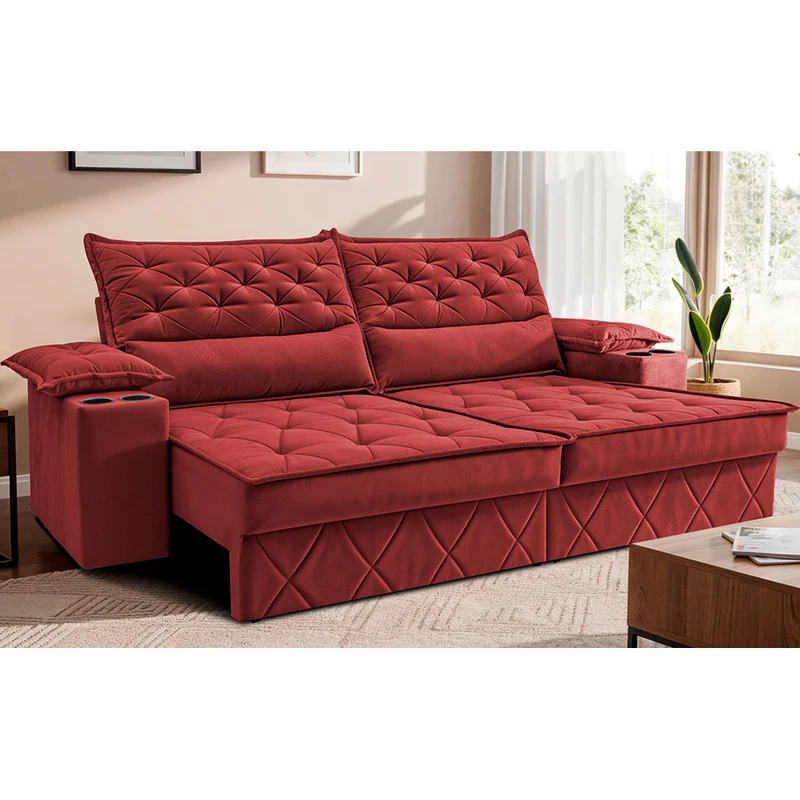 Sofá Retrátil e Reclinável com Porta Copos e Molas Cosmos Velusoft Cama inBox Vermelho / 2,10m