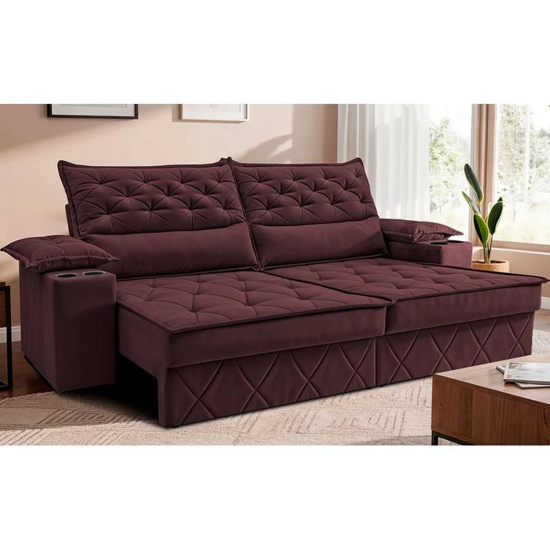 Sofá Retrátil e Reclinável com Porta Copos e Molas Cosmos Velusoft Cama inBox Vinho / 2,10m
