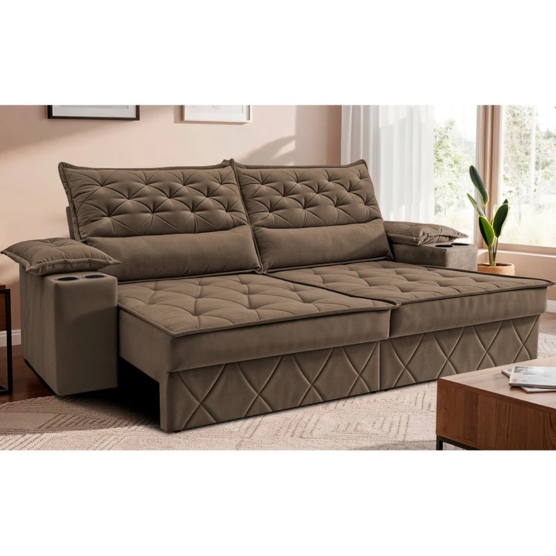 Sofá Retrátil e Reclinável com Porta Copos e Molas Cosmos Velusoft Cama inBox Castor / 2,40m