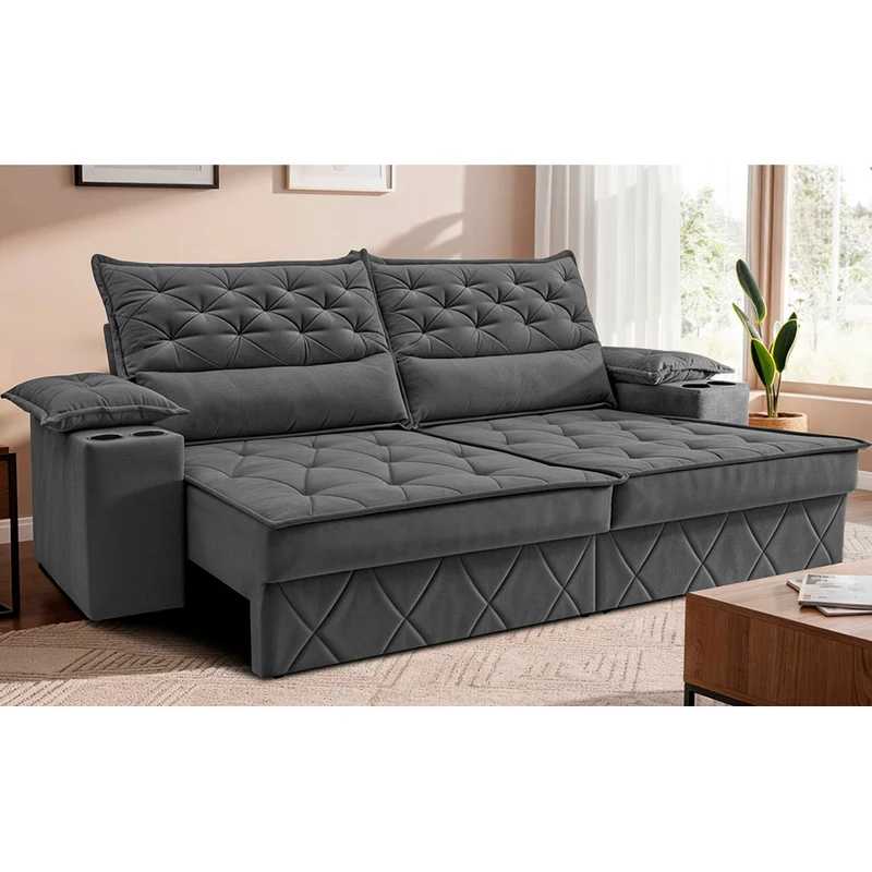 Sofá Retrátil e Reclinável com Porta Copos e Molas Cosmos Velusoft Cama inBox Cinza / 2,40m