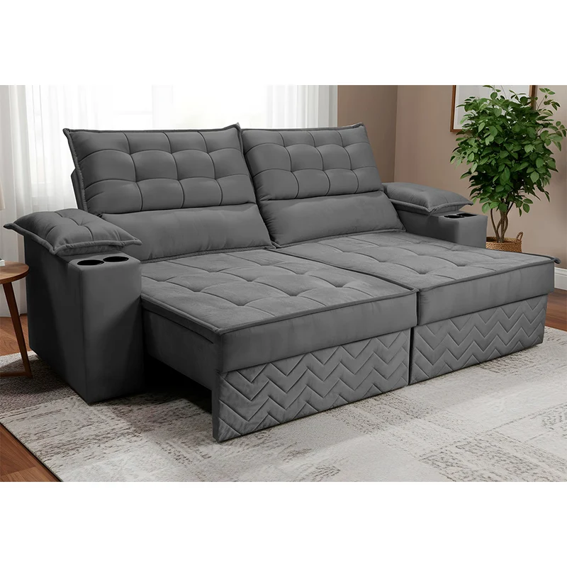 Sofá Retrátil e Reclinável Verona com Porta Copos Velupluma Cama inBox Cinza / 2,10m