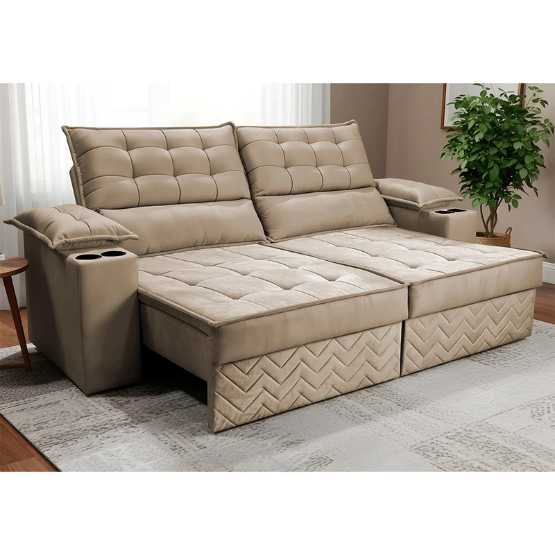Sofá Retrátil e Reclinável Verona com Porta Copos Velupluma Cama inBox Bege / 2,40m