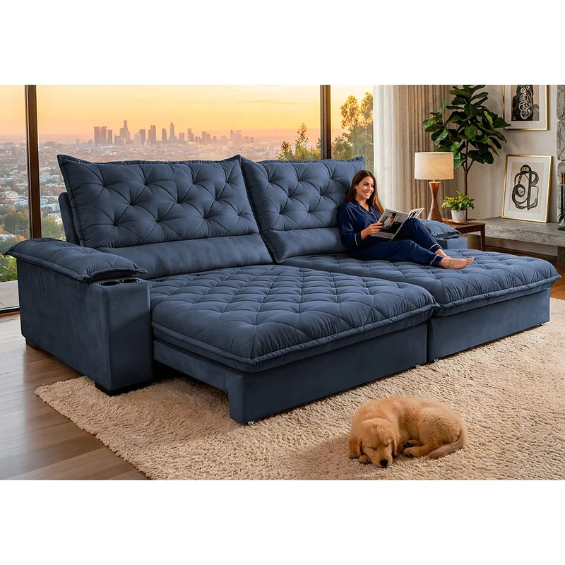 Sofá Retrátil e Reclinável Stadium Molas Ensacadas Cama inBox Azul / 2,65m