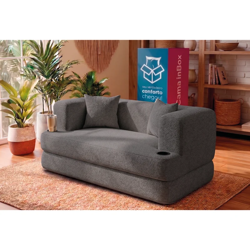 Sofá Cama Muna Xpand Tech Tecido Bouclê Cama inBox Cinza Escuro / 1,50m
