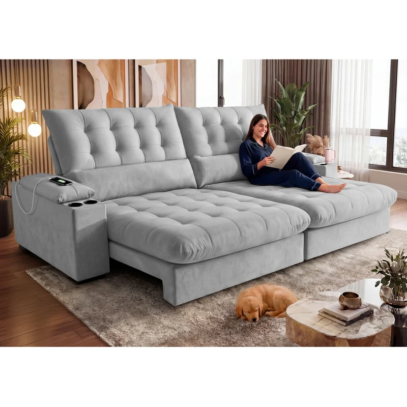 Sofá Retrátil e Reclinável Arena com Molas Ensacadas e Carregador USB-C Bouclê Cama inBox Cinza Claro / 2,25m