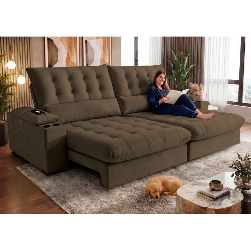 Sofá Retrátil e Reclinável Arena com Molas Ensacadas e Carregador USB-C Bouclê Cama inBox Marrom / 2,25m