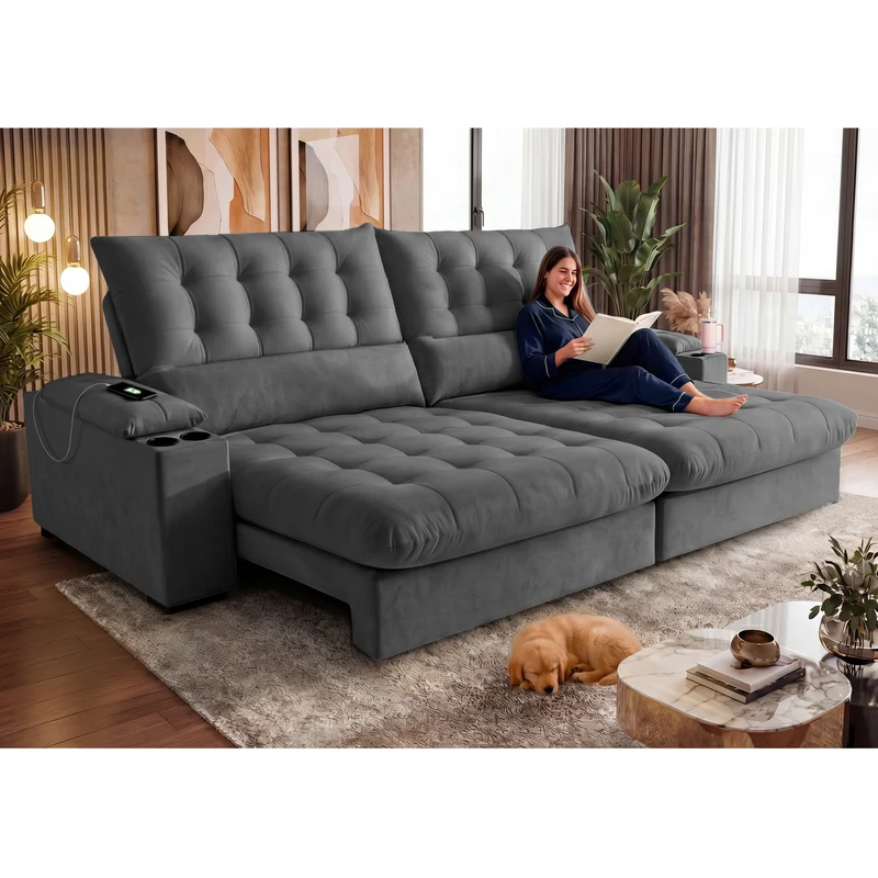 Sofá Retrátil e Reclinável Arena com Molas Ensacadas e Carregador USB-C Bouclê Cama inBox Cinza Escuro / 2,65m