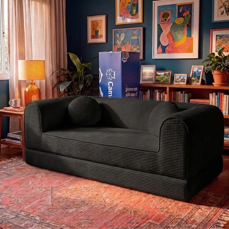 Sofá Cama Cotton 1,88m Xpand Tech Tecido Velourê Preto Cama Inbox