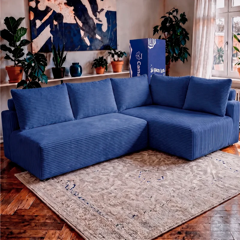 Sofá de Canto Modular Vibe Direito 2,70m x 1,70m Xpand Tech Tecido Velourê Cama inBox Azul / 2.70m x 1.70m