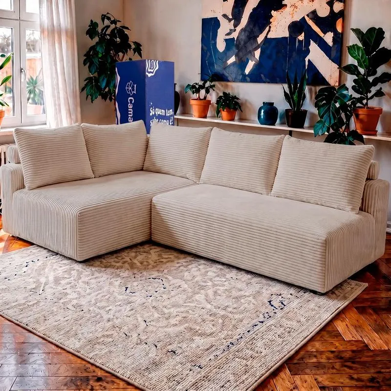 Sofá De Canto Modular Vibe Esquerdo 2,70m X 1,70m Xpand Tech Tecido Velourê Bege Cama Inbox
