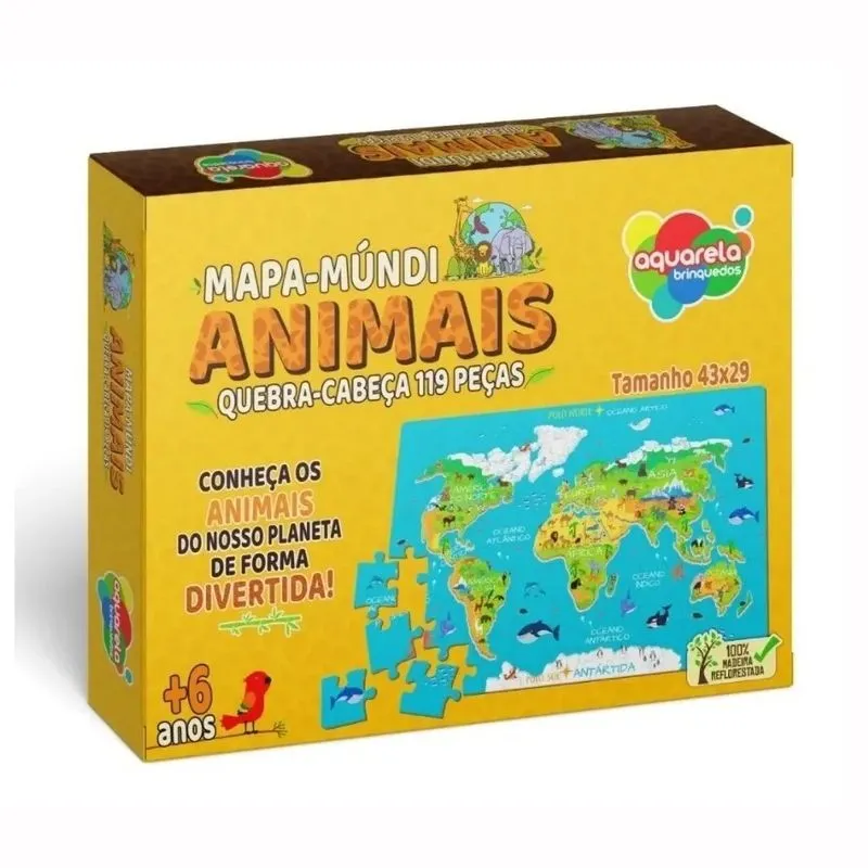 Quebra Cabeça Mapa Mundi Animais Aprender 119 Peças