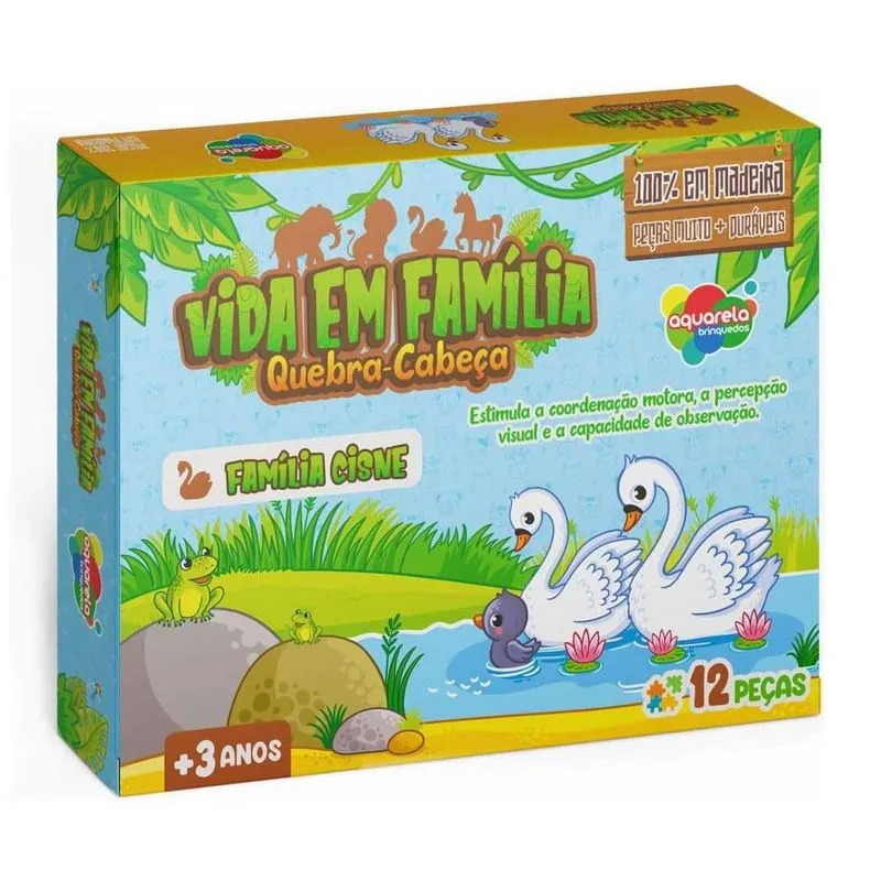 Quebra-Cabeça De Madeira Vida em Família Cisne 12 Peças Aquarela