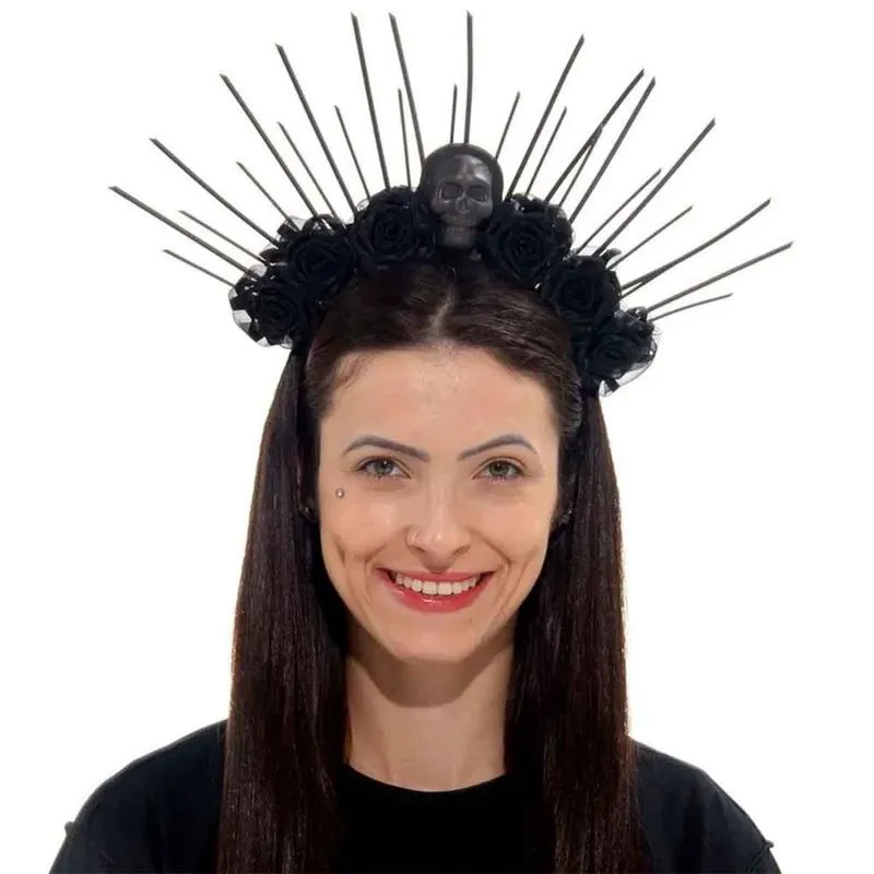 Tiara Halloween pra Fantasia de Caveira Mexicana Coroa de Luxo Com Rosas Pretas e Cranio de Esqueleto
