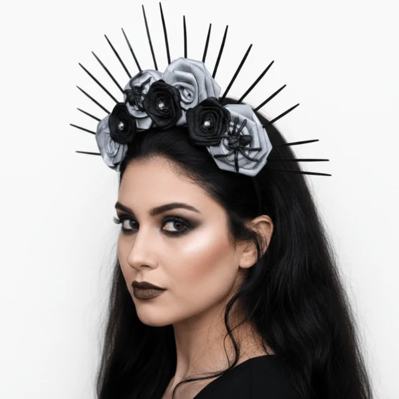 Tiara Halloween Com Flores Preto E Prata