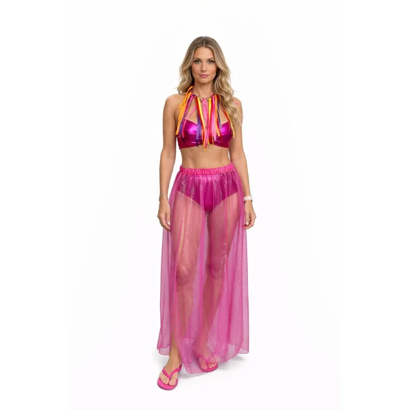 Saia Longa Tule Carnaval Feminina Com Fenda E Brilho Saia Longa - Pink
