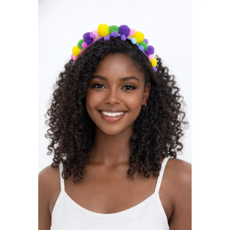 Tiara Carnaval Pompom Colorido Festa Temática Divertida Tiara Pompom
