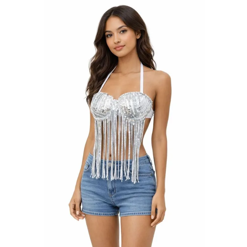 Top Paetê Carnaval Adulto Com Franja Cropped Brilhante Top De Paete - Prata