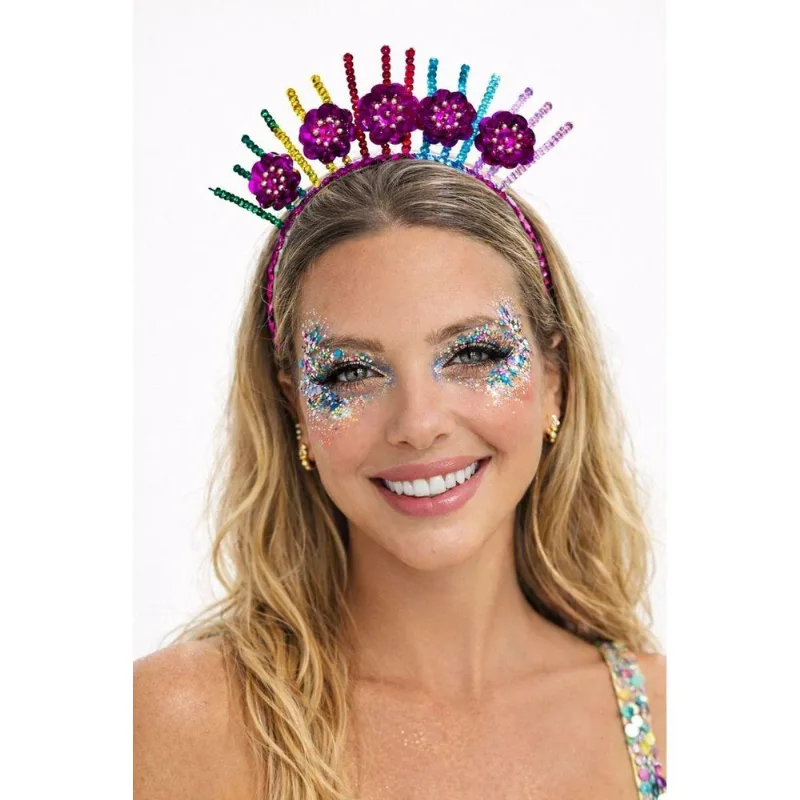 Tiara Colorida Acessório Carnaval Com Flores E Brilho Tiara Color Com Flores - Arco Iris