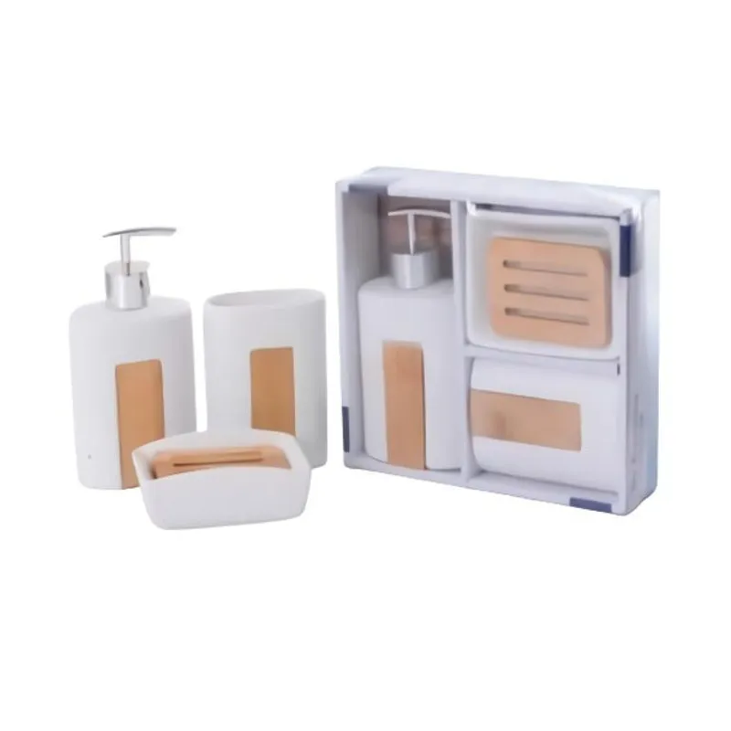 Kit Banheiro Lavabo Porta Sabonete Escova Branco Com Bambu