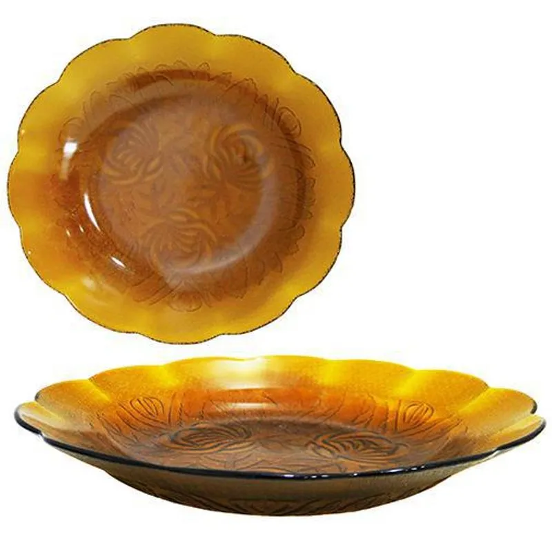 Prato De Vidro Fundo Ambar Floral 22cm De - 6 Pçs