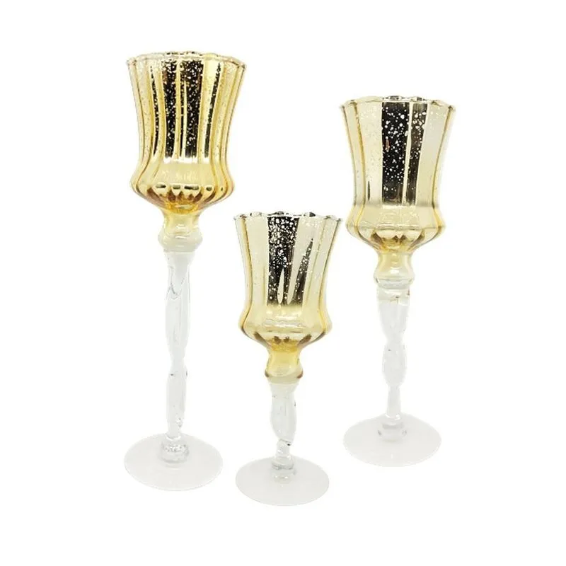 Conjunto Castiçal Vidro Dourado Luxo 3 Tamanhos 25cm A 35cm