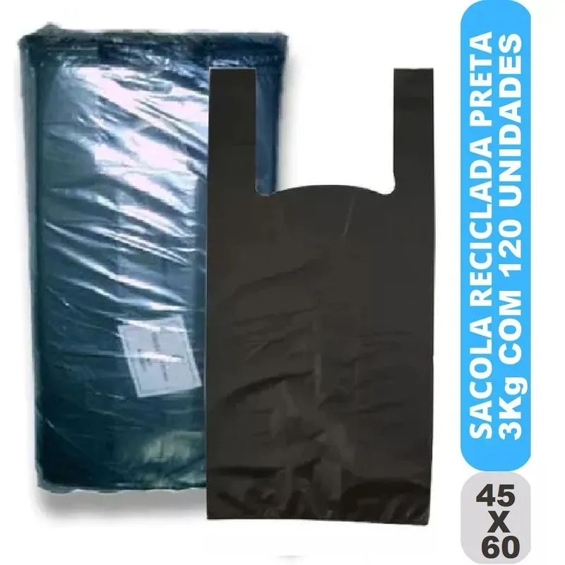 Sacola Plástica Reciclada Reforçada Preta 120 Un 3kg 45x60cm