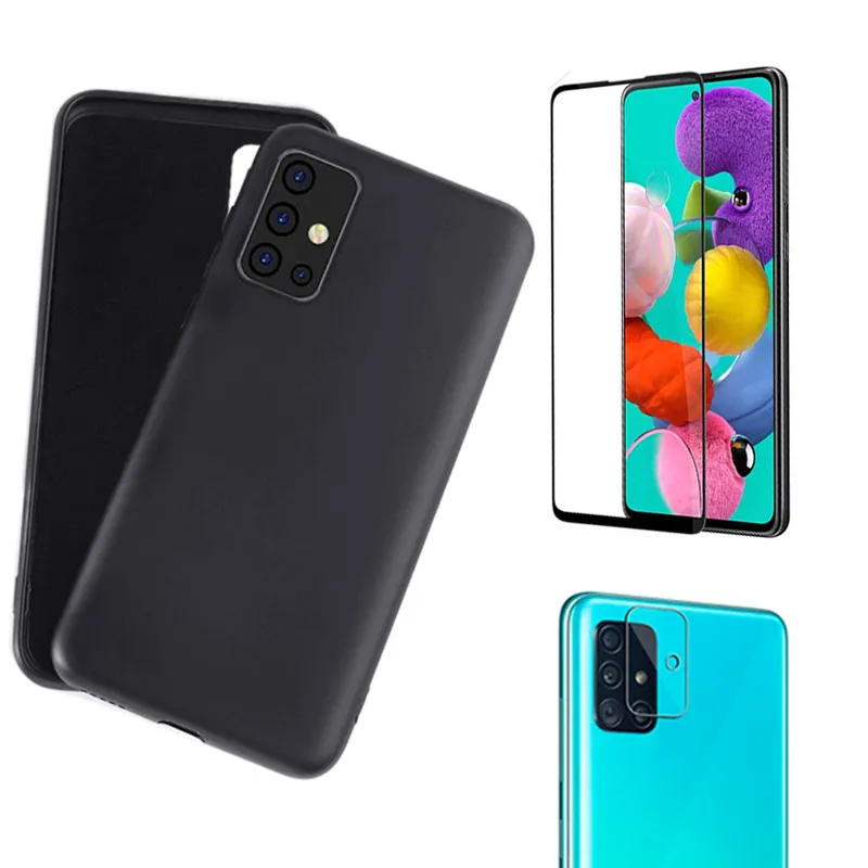Kit Capa Silicone Preta Macio Galaxy A51 + Película 3D Vidro + Película Câmera