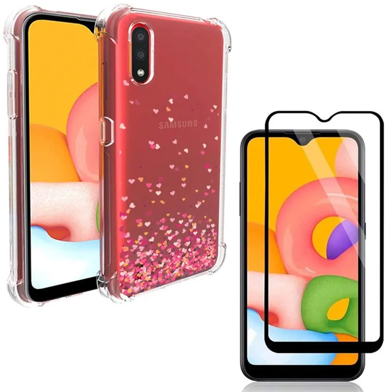 Capa Anti Queda Corações Galaxy A01 + Película de Vidro 3D + Kit Aplicação