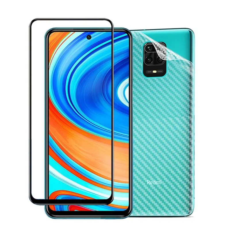 Película 3D Vidro Xiaomi Redmi Note 9 Pro + Película Fibra Carbono Traseira