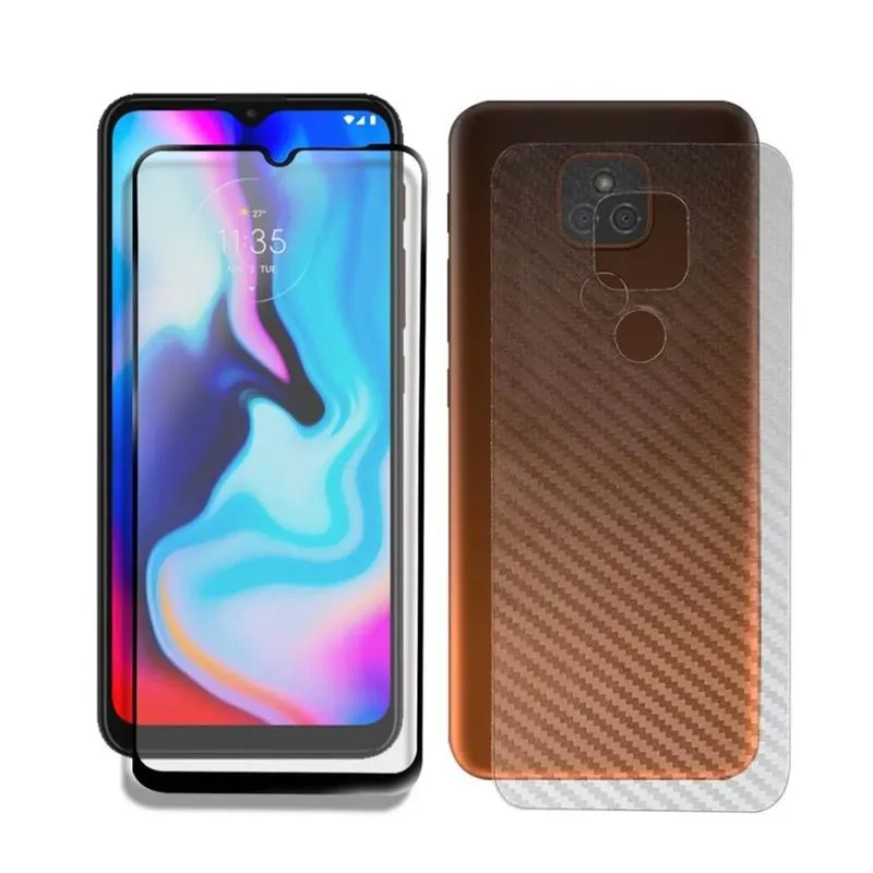 Película 3D Vidro Full Frontal Moto E7 Plus + Película Traseira Fibra Carbono