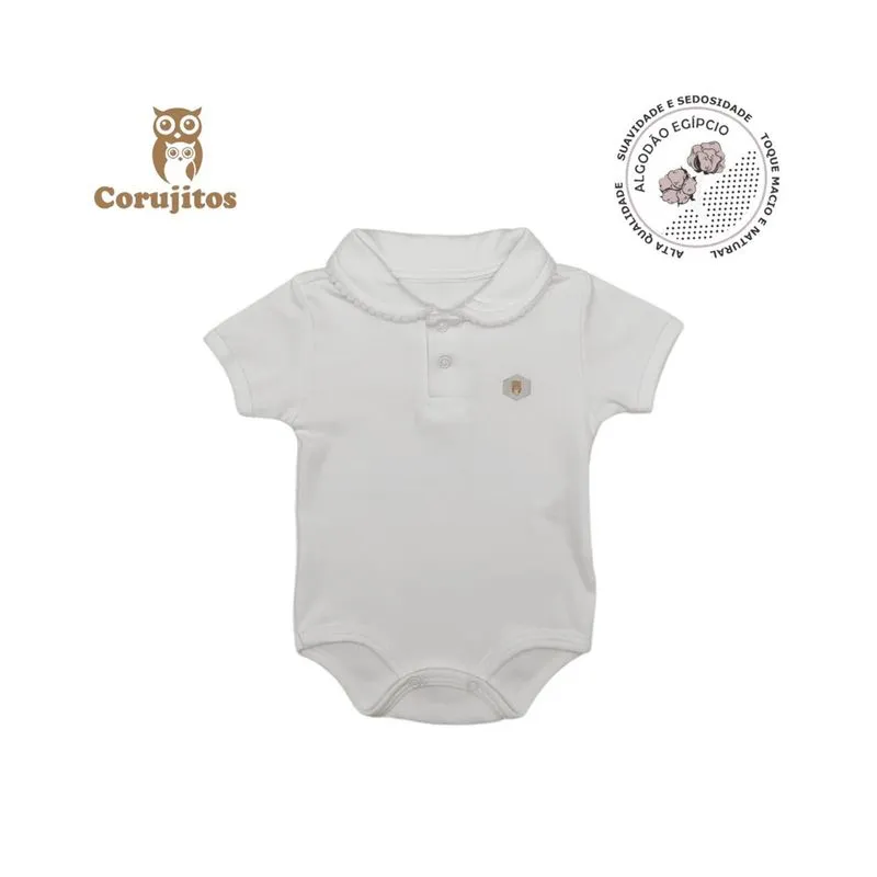 Body Manga Curta Com Gola Pompons Branco Corujitos rn