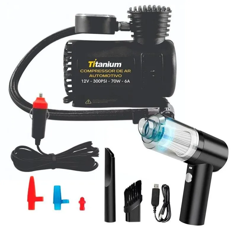 Aspirador De Pó Automotivo + Compressor De Ar 12v Carros