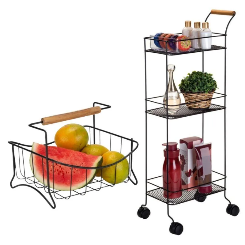 Kit Carrinho Organizador + Fruteira Centro De Mesa