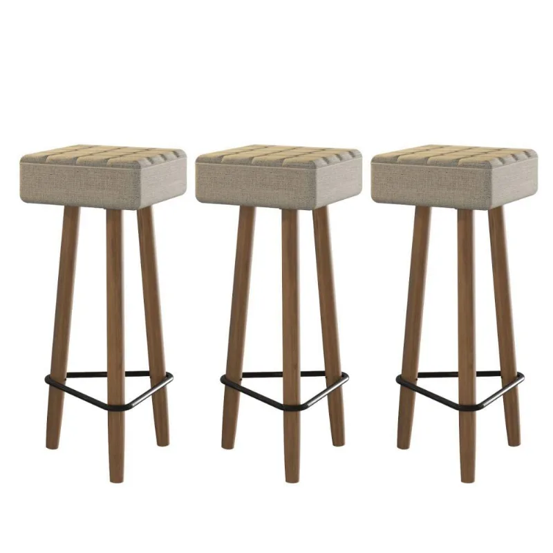 Conjunto de 3 Banquetas Quadradas 3 Pés Assento Tressê Bege