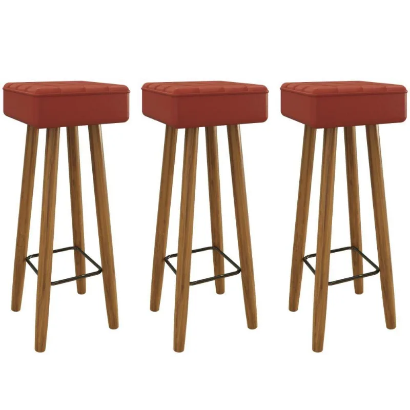 Conjunto de 3 Banquetas Quadradas 4 Pés Vermelha