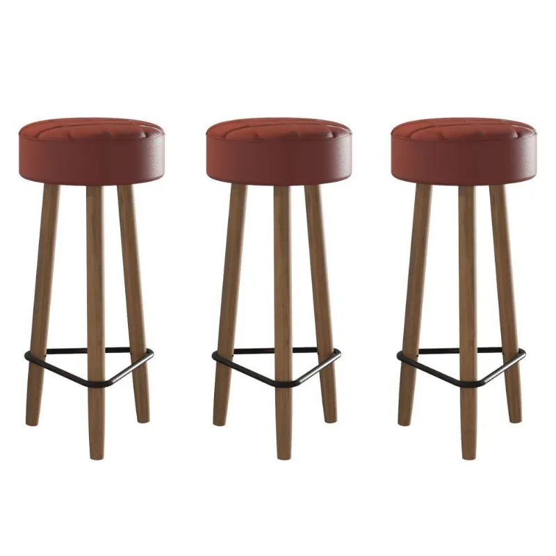 Conjunto de 3 Banquetas Redondas 3 Pés Vermelha