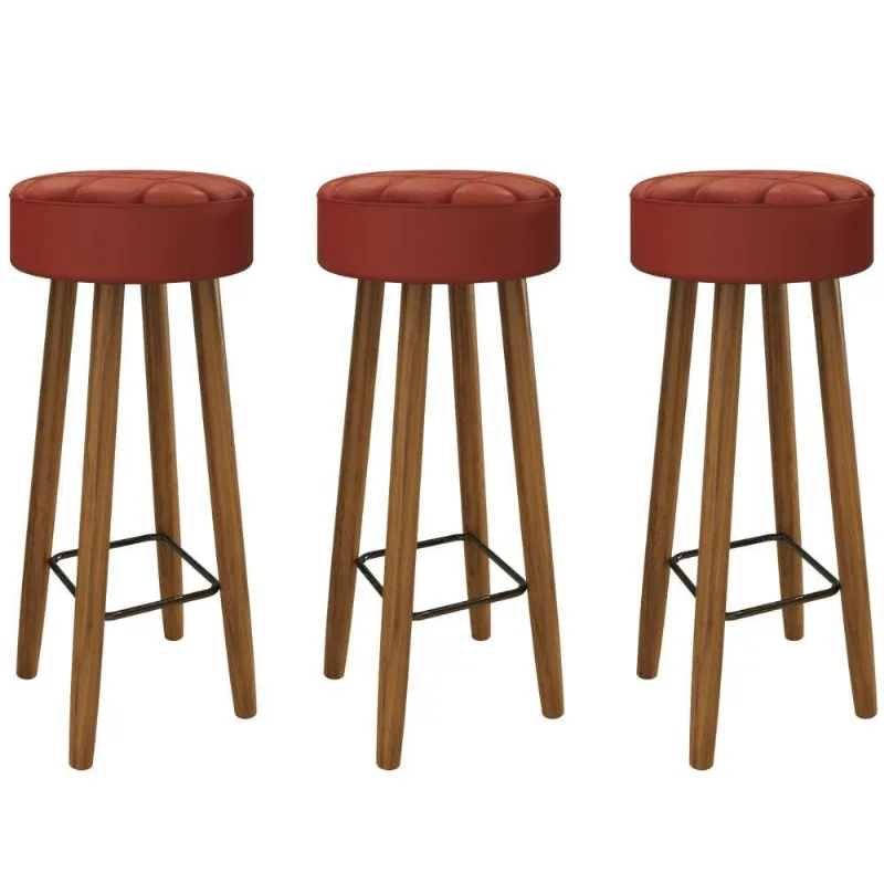 Conjunto de 3 Banquetas Redondas 4 Pés Vermelha