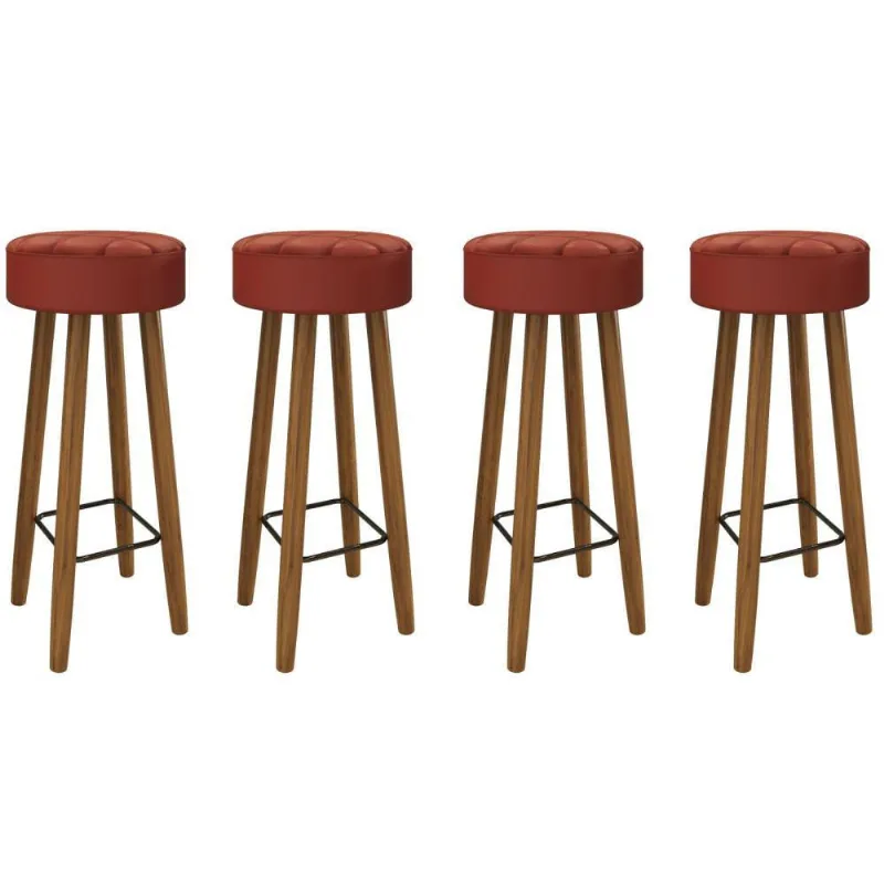 Conjunto de 4 Banquetas Redondas 4 Pés Vermelha