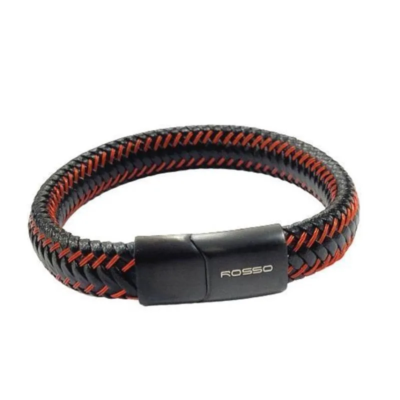 Bracelete Rosso 20Cm Couro Trançado Preto Linhas Vermelho