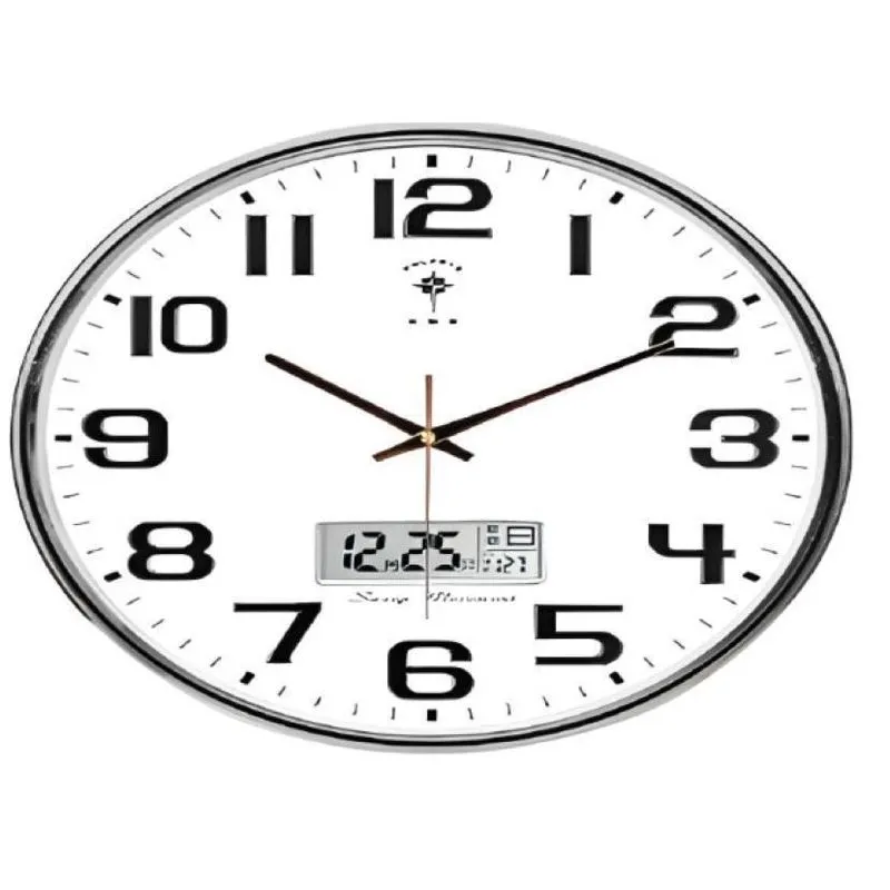 Relógio Parede Redondo 38Cm Borda Prata Analógico E Digital