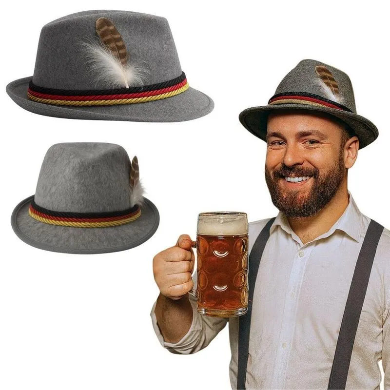 Chapéu Alemão Oktoberfest Feltro Cinza com Pena 57CM Extra Festas