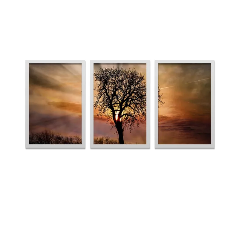 Conjunto Kit 3 Quadros Árvore Ao Pôr Do Sol Moldura Branca